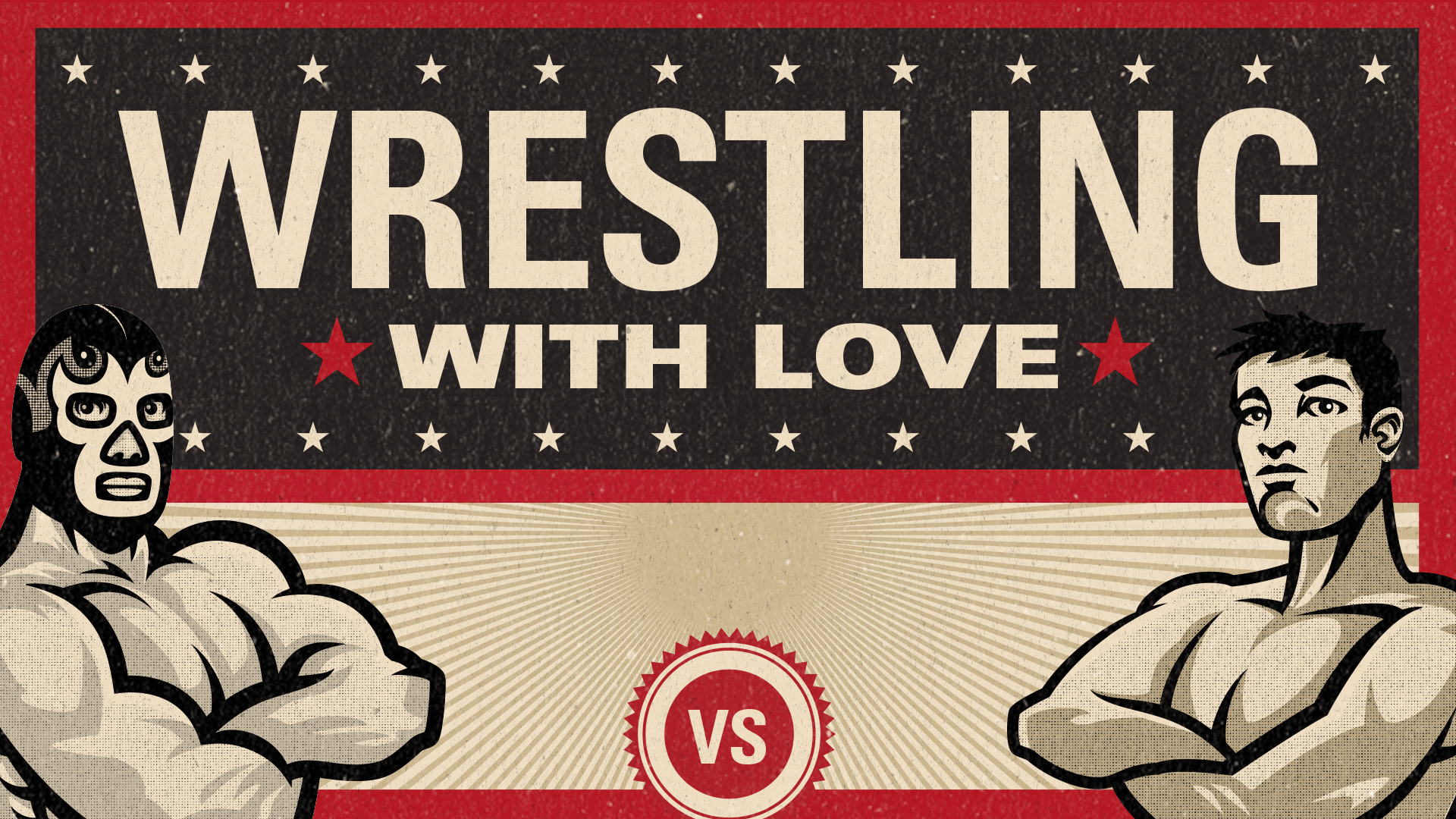 Wrestling with Love sermon series graphic of two vintage wrestlers facing off, on the fruit of the Spirit