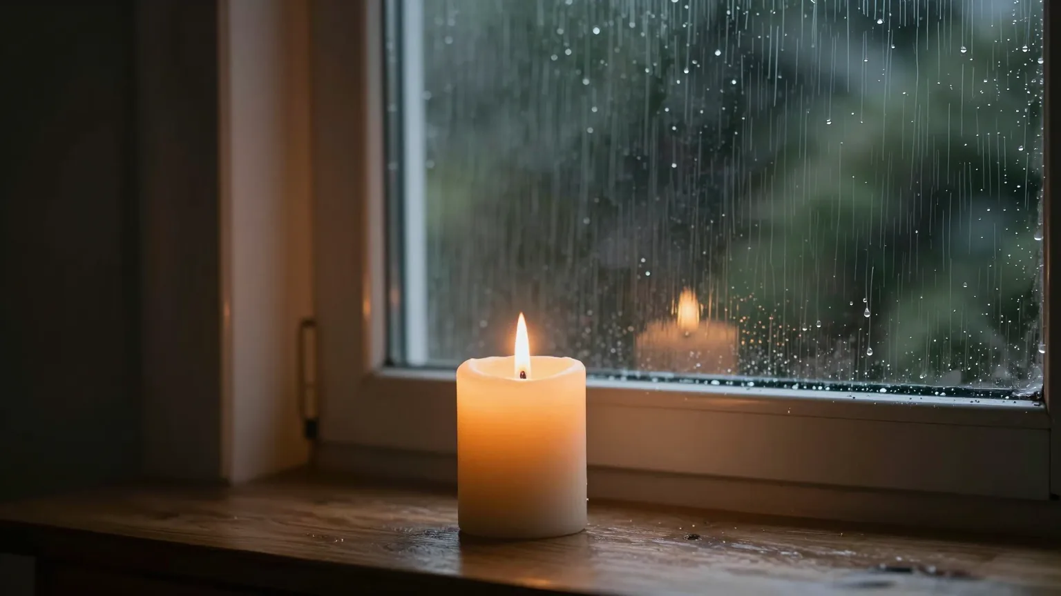 A single candle burning in a dark room as rain streams down the window, God's care in our suffering