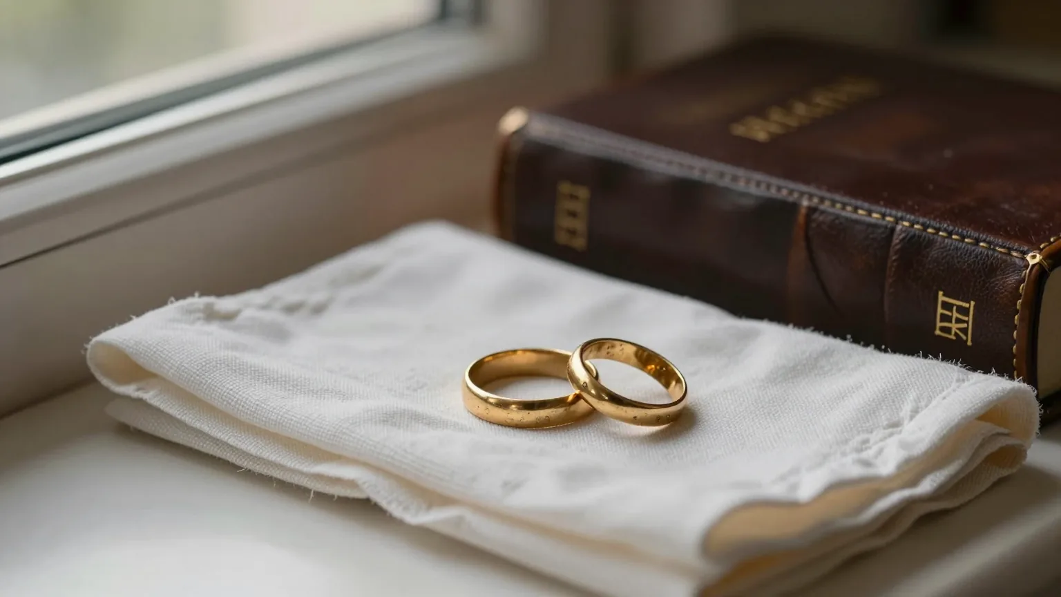 Two worn gold wedding rings on a folded white linen cloth beside a closed leather Bible, lasting love in 1 John 4