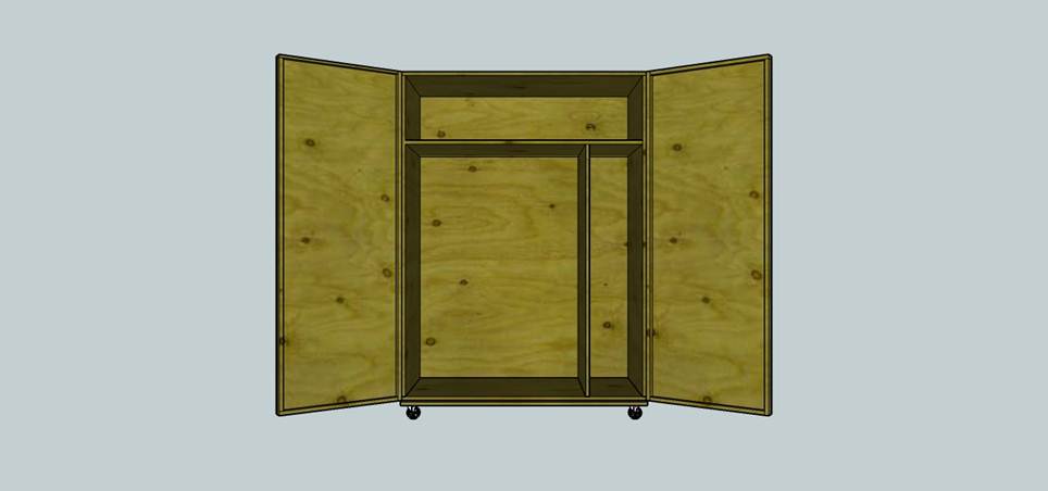 Front view of the plywood rolling storage cart with its doors open to show the shelves inside