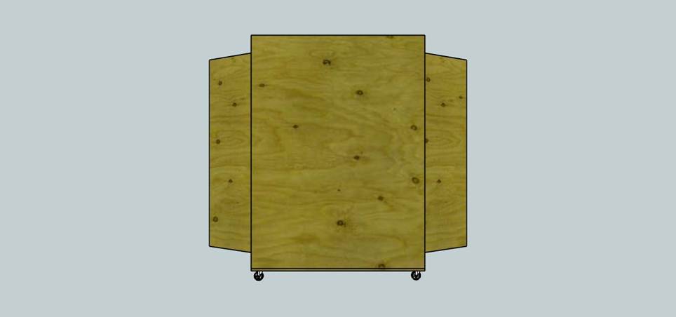 Front view of the plywood rolling storage cart for portable church with its doors half open