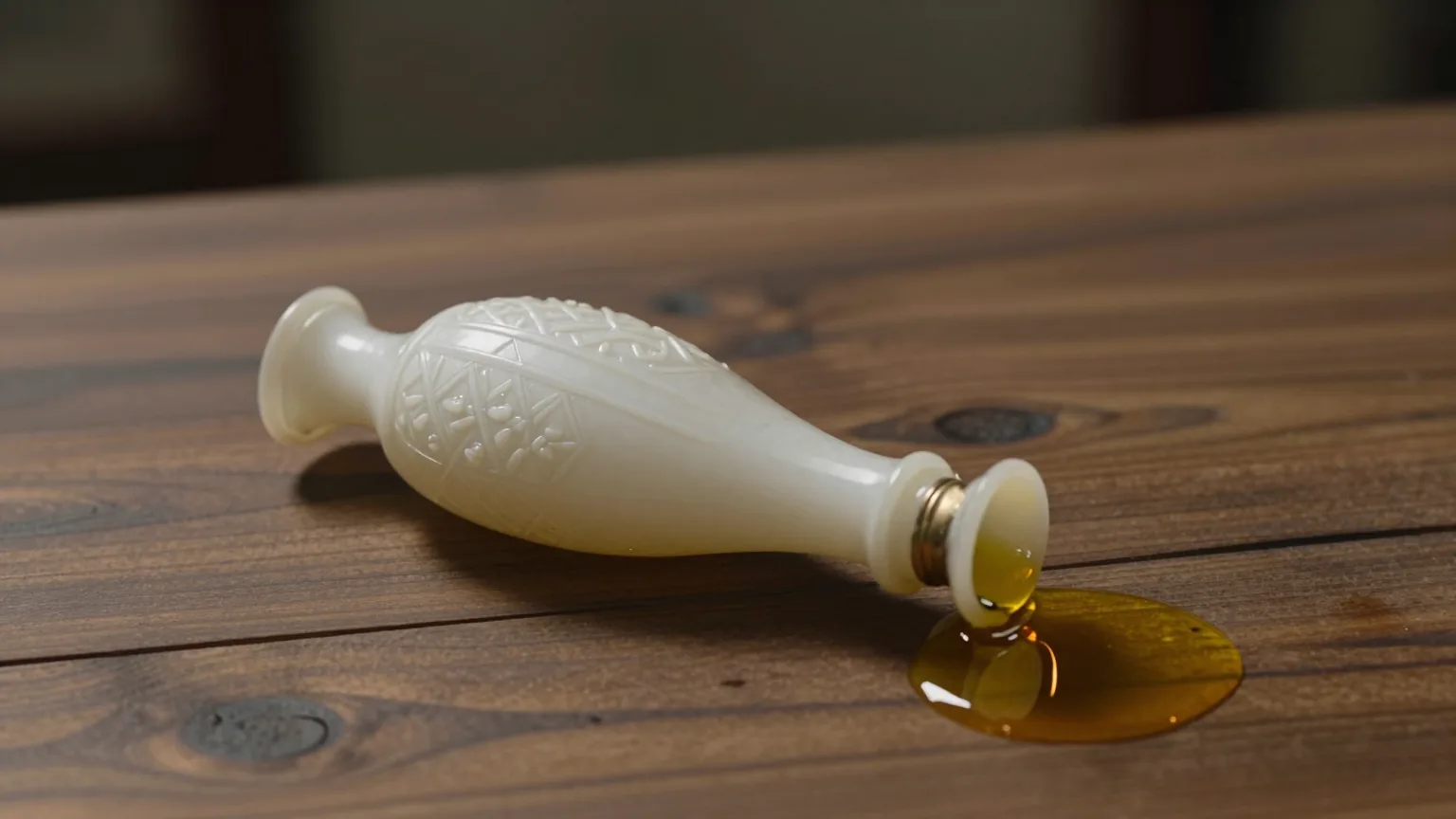 An ornate white alabaster flask broken open on a wooden table with perfume spilling out, Jesus anointed at Bethany
