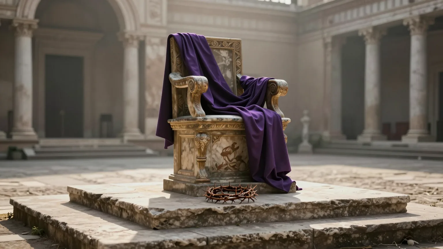 An empty Roman judgment seat draped with a purple robe and a crown of thorns on the steps, Jesus before Pilate
