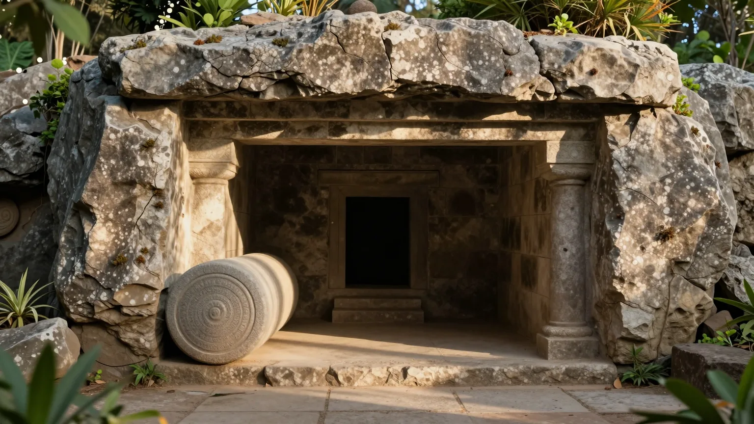 An empty rock-cut tomb with the stone rolled away at sunrise, the living hope of the resurrection in 1 Peter 1
