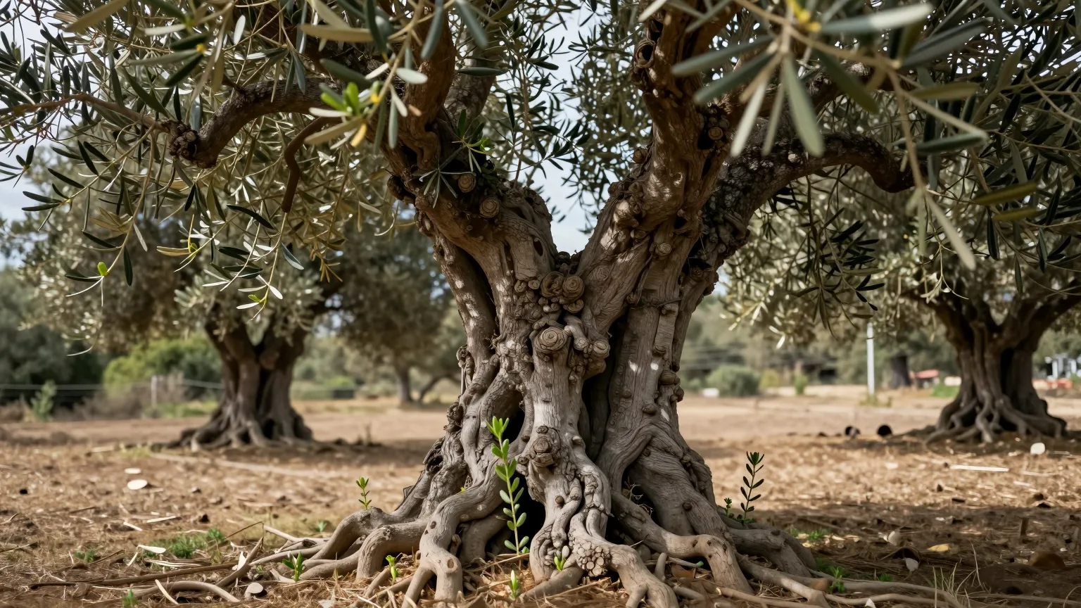 A gnarled ancient olive tree with deep roots and fresh green shoots, Jesus' family tree in Matthew 1
