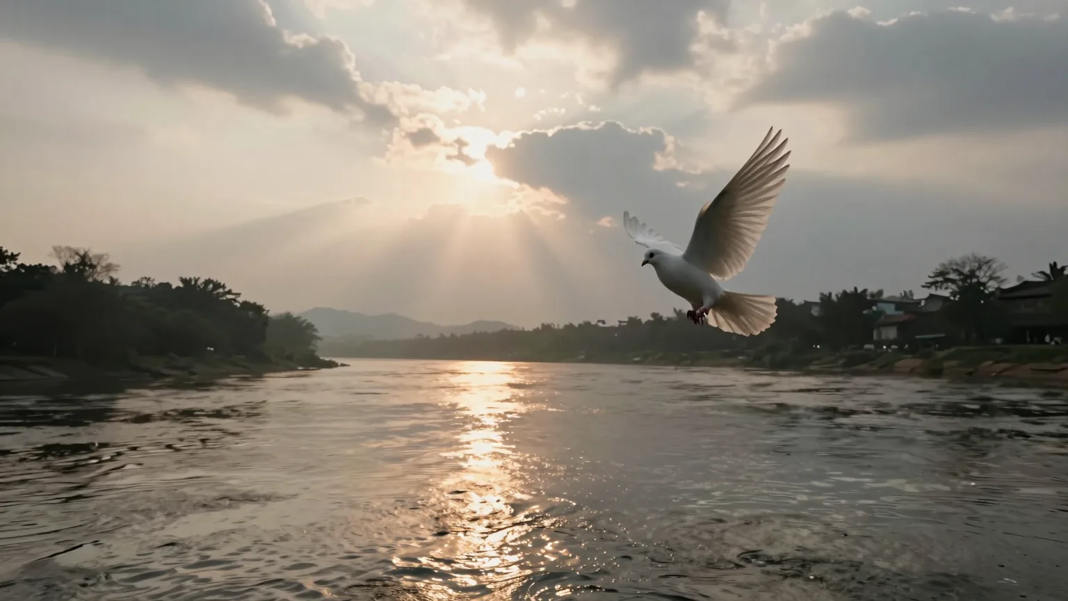 The Jordan River at dawn with light breaking through the clouds and a white dove in flight, the baptism of Jesus