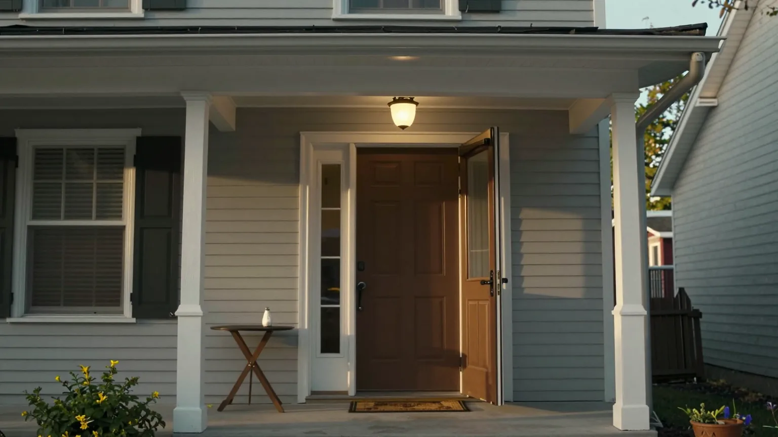 The front door of a Minnesota house standing open onto a sunny street with the porch light glowing, praying for open doors