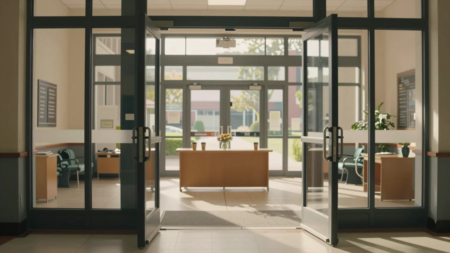 The open glass doors of a school entrance on a bright morning with a welcome table inside, ready to welcome new people